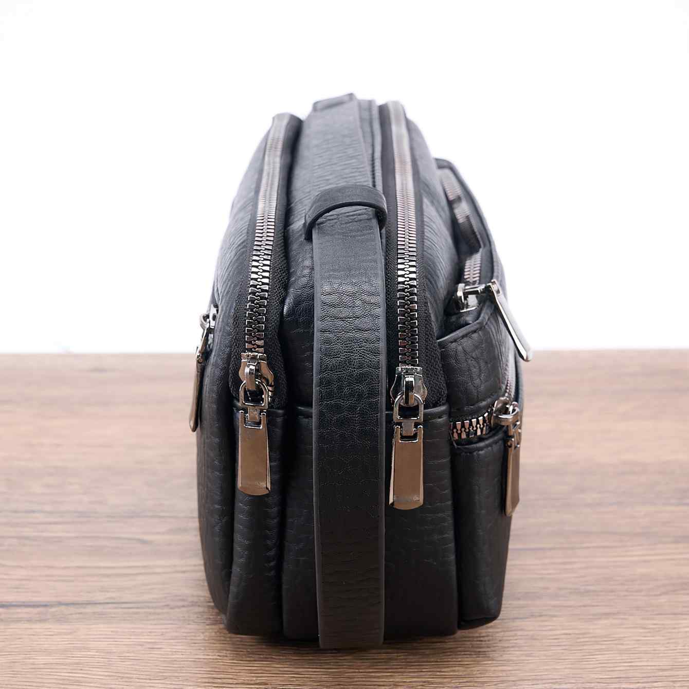 Men’s Black PU Leather Business Handbag Stylish Zip Top Briefcase with Multi-Compartments