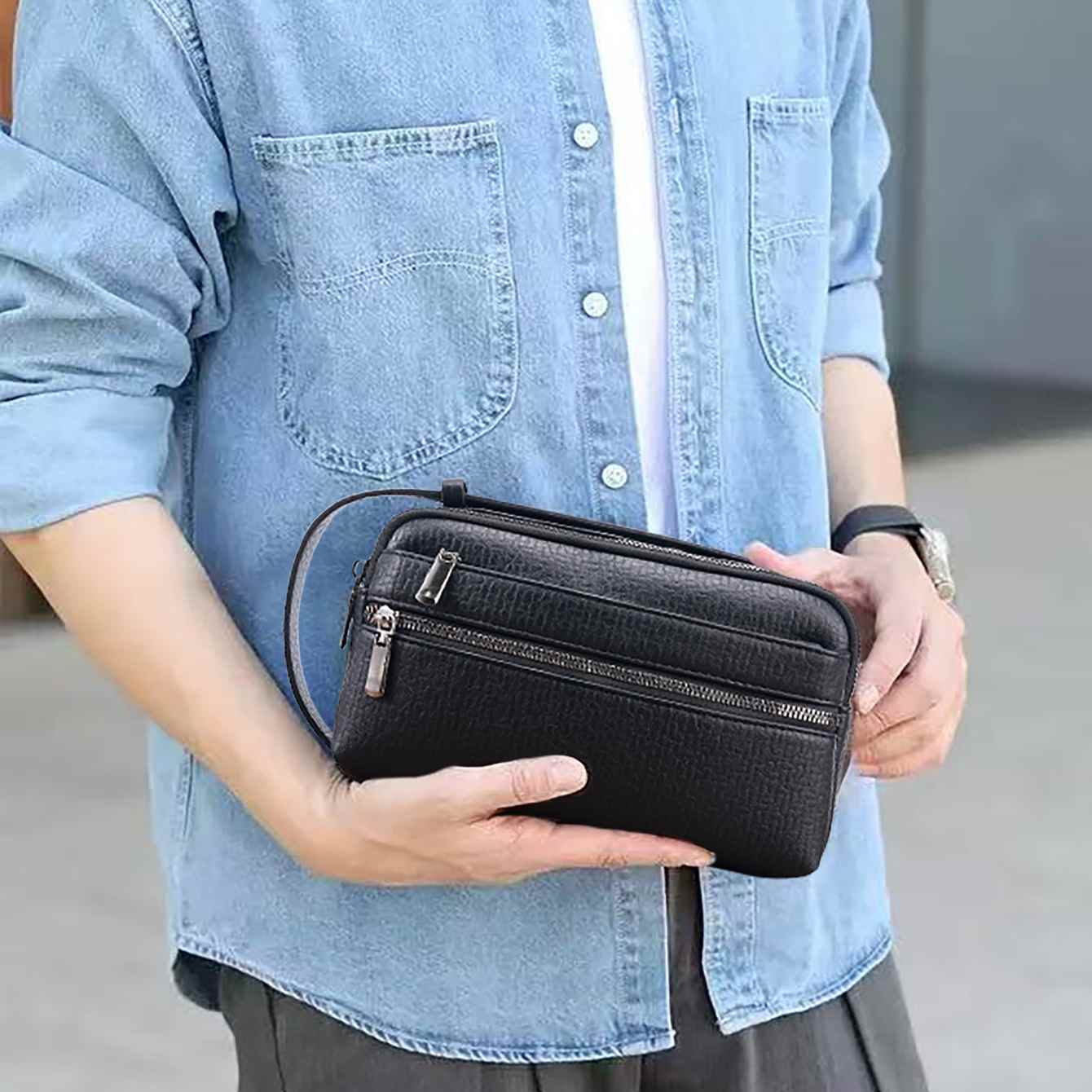 Men’s Black PU Leather Business Handbag Stylish Zip Top Briefcase with Multi-Compartments