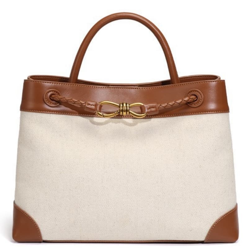 Niche Canvas Patchwork Metal Bow Tote Bag, Simple Denim Color-Blocked Handbag/Crossbody Bag