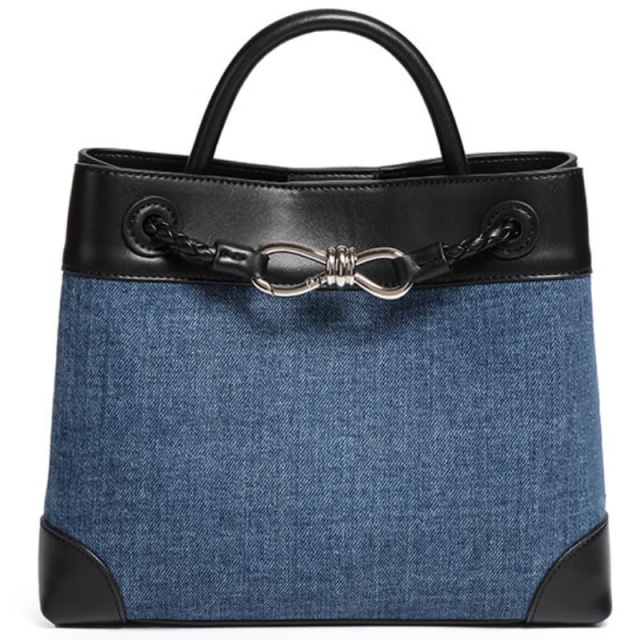 Niche Canvas Patchwork Metal Bow Tote Bag, Simple Denim Color-Blocked Handbag/Crossbody Bag