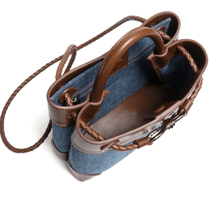 Niche Canvas Patchwork Metal Bow Tote Bag, Simple Denim Color-Blocked Handbag/Crossbody Bag