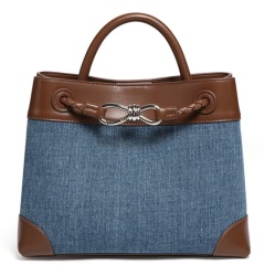 Niche Canvas Patchwork Metal Bow Tote Bag, Simple Denim Color-Blocked Handbag/Crossbody Bag