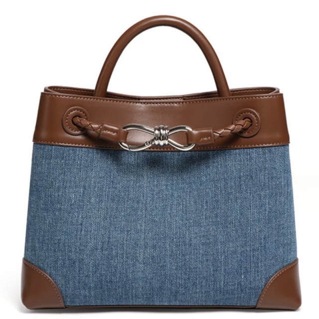 Niche Canvas Patchwork Metal Bow Tote Bag, Simple Denim Color-Blocked Handbag/Crossbody Bag