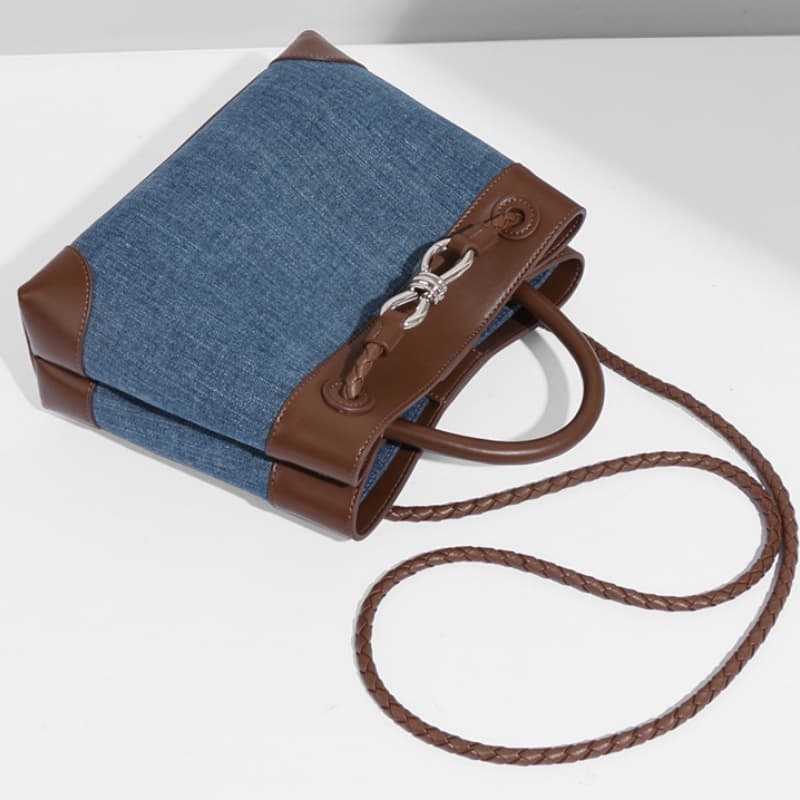 Niche Canvas Patchwork Metal Bow Tote Bag, Simple Denim Color-Blocked Handbag/Crossbody Bag
