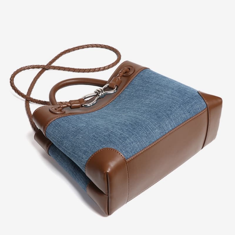 Niche Canvas Patchwork Metal Bow Tote Bag, Simple Denim Color-Blocked Handbag/Crossbody Bag