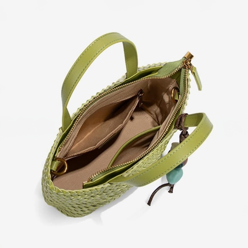 New Stylish And Refreshing Woven Tote Bag With Sophisticated Stone Charm, Shoulder Bag/Crossbody Bag