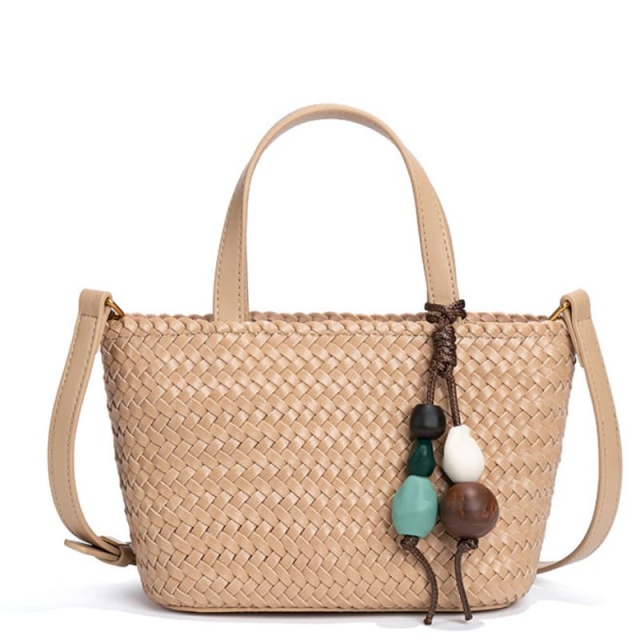New Stylish And Refreshing Woven Tote Bag With Sophisticated Stone Charm, Shoulder Bag/Crossbody Bag