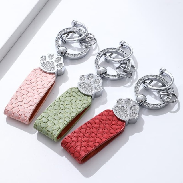 Keychain With Imitation Diamond Cat Design, Leather Keychain Pendant