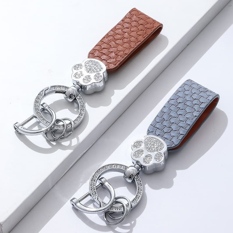 Keychain With Imitation Diamond Cat Design, Leather Keychain Pendant