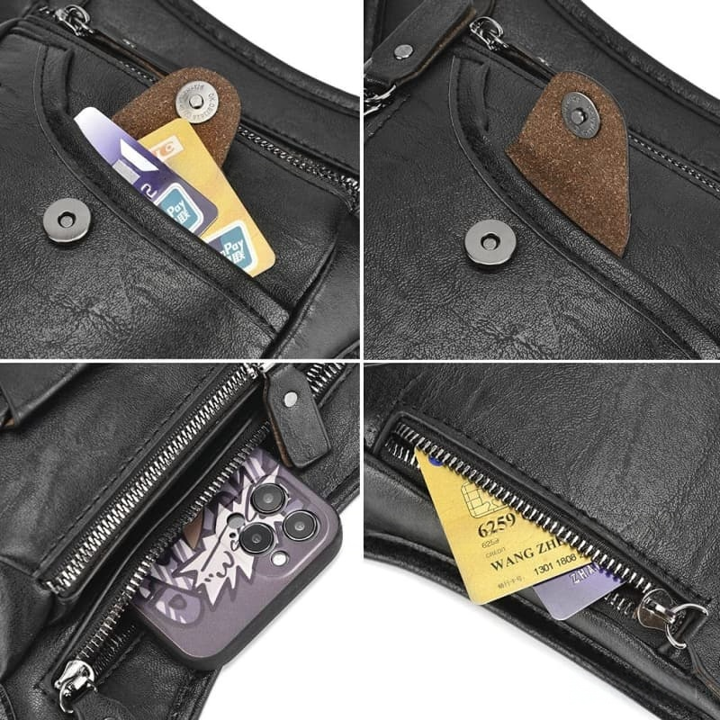 Men's Leather Crossbody Bag Multi-pocket Multifunctional Small Pouch Waist Bag Motorcycle Tool Bag