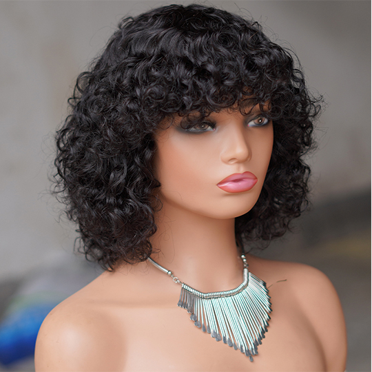 No lace short curly wig with bang Machine Made 100% human hair wig :wholesale MOQ 5 Pcs