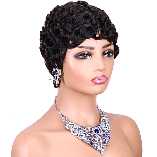 short PIXIE wig with bang Machine Made 100% human hair wig :wholesale MOQ 5 Pcs