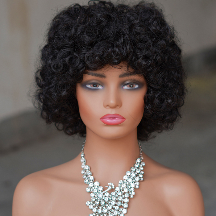 High density short PIXIE wig with bang Machine Made 100% human hair wig :wholesale MOQ 5 Pcs