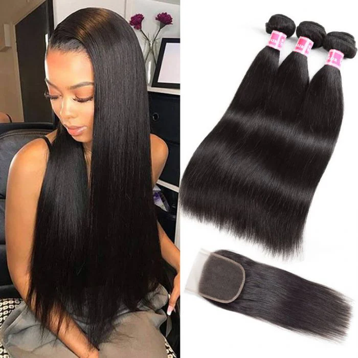 3 straight bundles with Transparent / HD closure / frontal 100% Virgin human hair