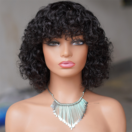 No lace short curly wig with bang Machine Made 100% human hair wig :wholesale MOQ 5 Pcs