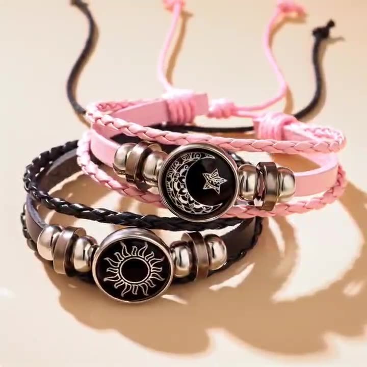 日月星辰情侣手链一对 编织皮绳复古风男女手绳 异地恋定情信物