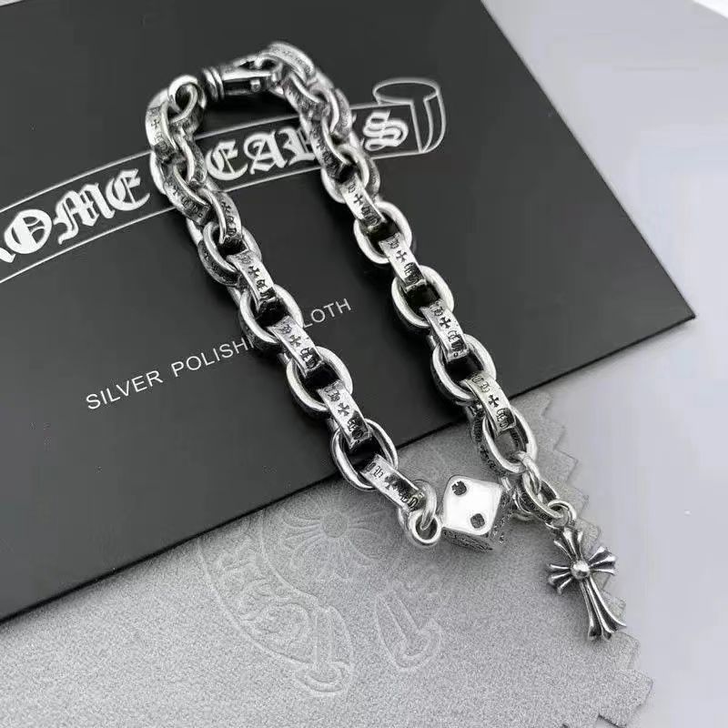 Vintage distressed silver bracelet cross dice personality chain trendy men's and women's silver bracelets.