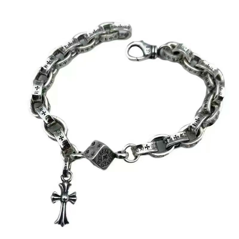 Vintage distressed silver bracelet cross dice personality chain trendy men's and women's silver bracelets.