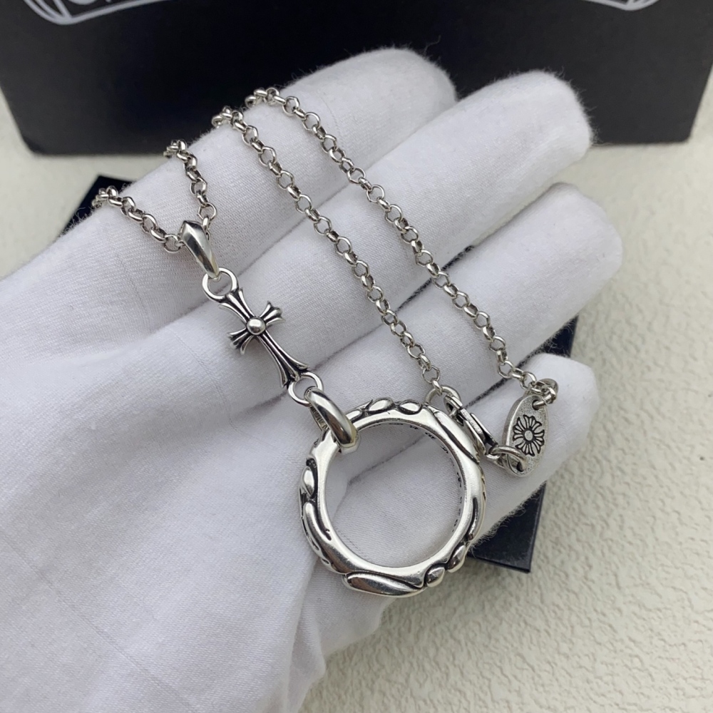 Vintage distressed silver necklace Trendy cross ring pendant Personality punk style choker