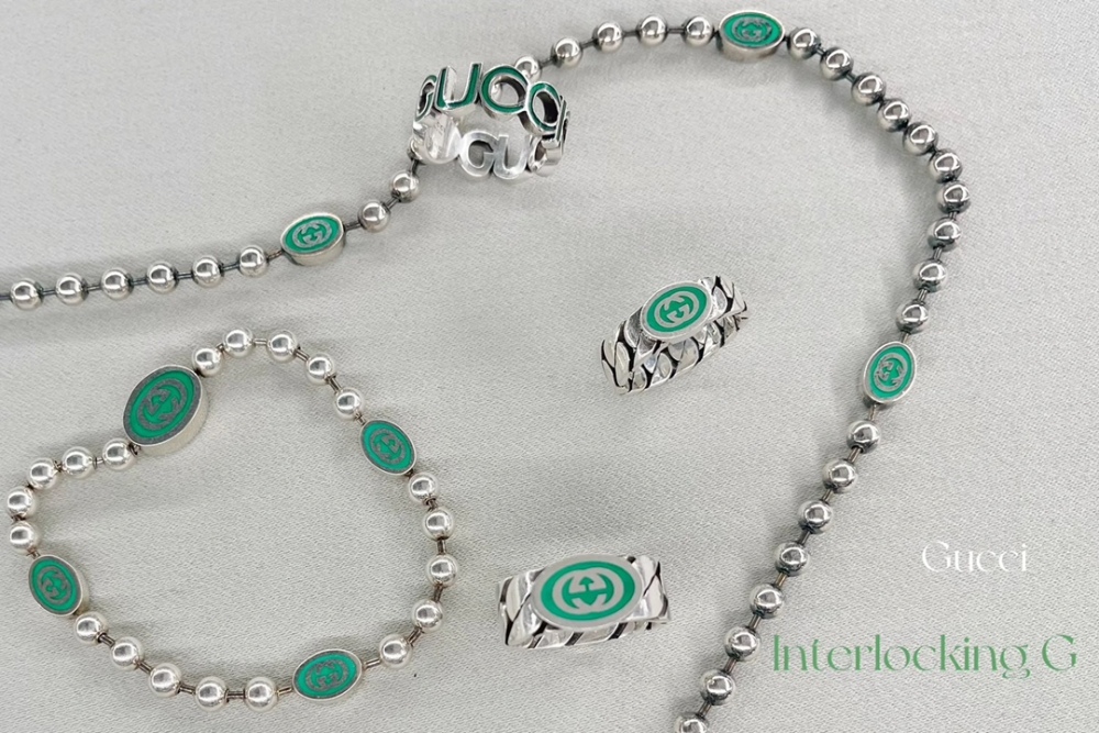 GUCCI Double G Enamel Silver Jewelry Set Colorful Classic Logo Necklace Ring Trendy Fashion Accessories