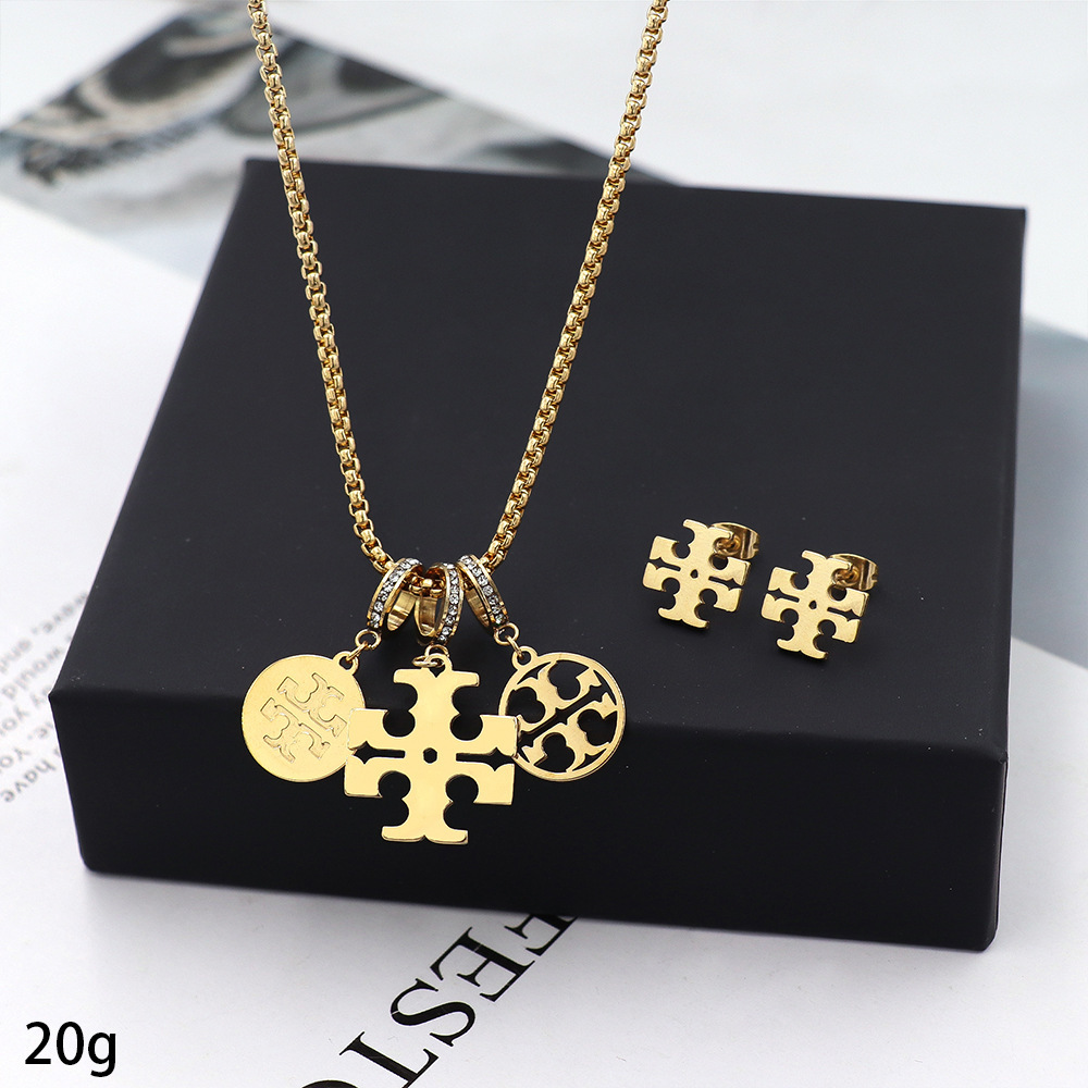 Gold Cross Logo Set: Double Layered Necklace Stud Earrings Combo