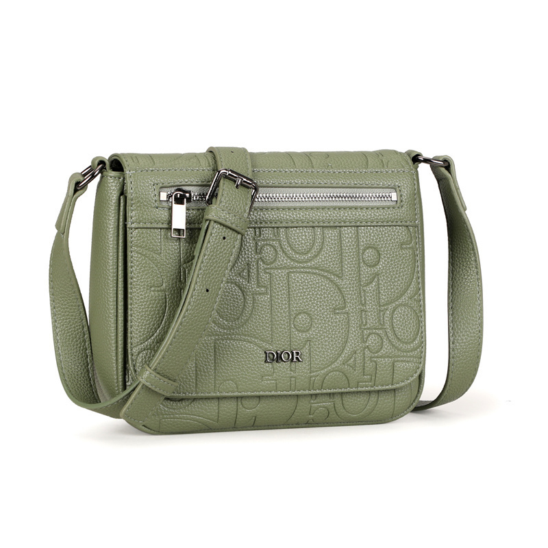 Dior embossed monogram one-shoulder crossbody bag in olive green textured cowhide for women.