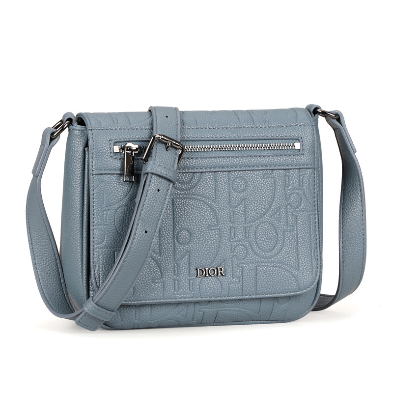 Dior embossed monogram one-shoulder crossbody bag in olive green textured cowhide for women.