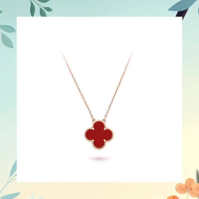 Classic four-leaf clover red agate gold necklace