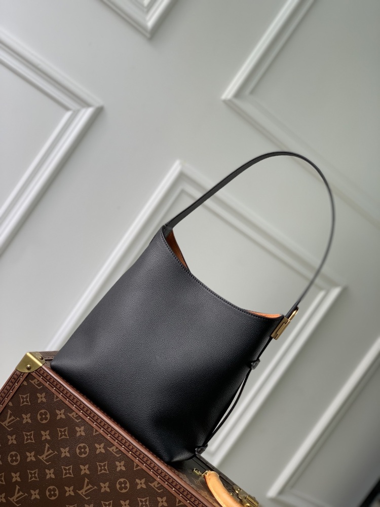 Black Low Key Hobo small handbag with smooth cowhide leather and suede cowhide lining