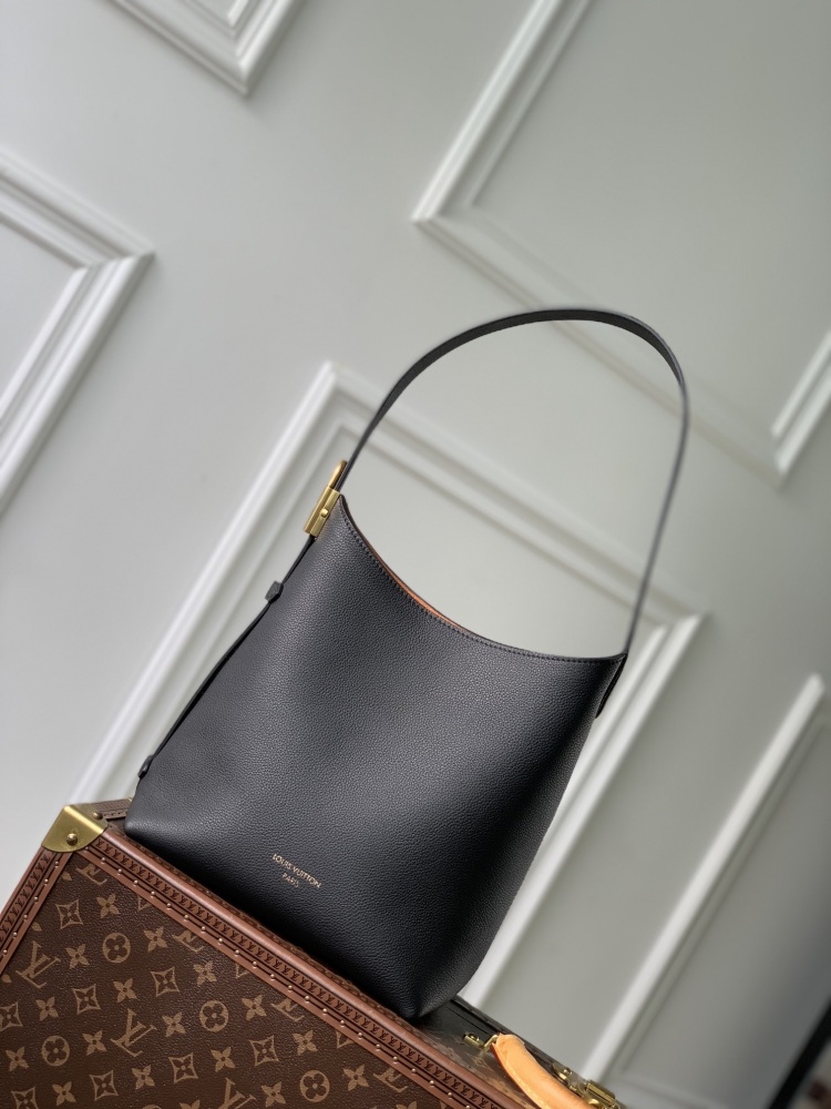Black Low Key Hobo small handbag with smooth cowhide leather and suede cowhide lining