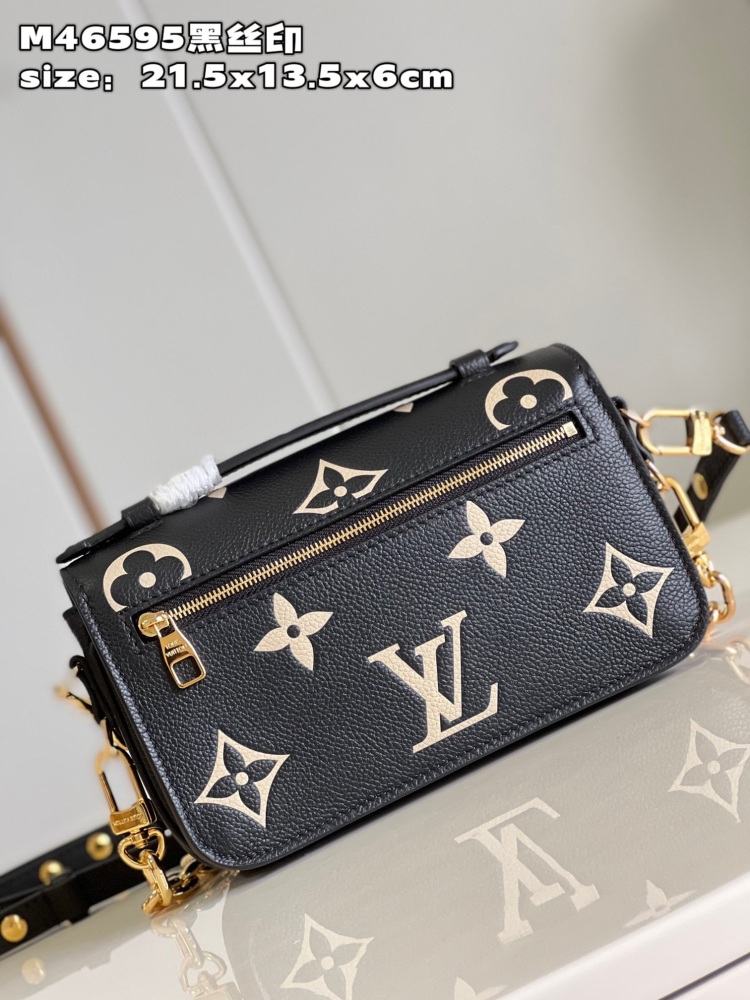 LV M46595 Black Silk Screen This Pochette M é tis East West handbag is made of Monogram Empreinte embossed leather