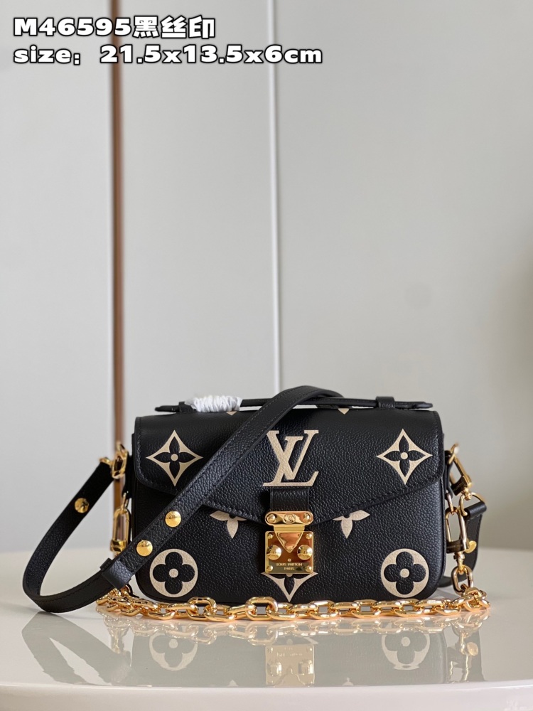 LV M46595 Black Silk Screen This Pochette M é tis East West handbag is made of Monogram Empreinte embossed leather