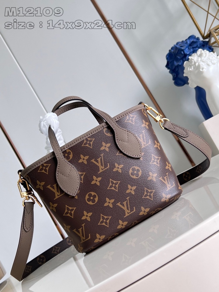 The M12109 gray green Neverfull Bandouli è re Inside Out BB handbag features a classic double-sided design with iconic Monogram canvas and grain leather accents on both sides