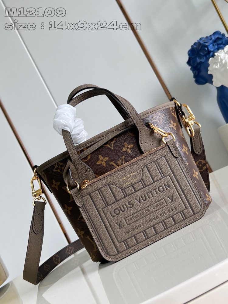 The M12109 gray green Neverfull Bandouli è re Inside Out BB handbag features a classic double-sided design with iconic Monogram canvas and grain leather accents on both sides