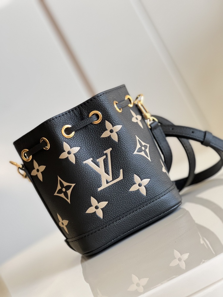 LV M46291 Black Screen Printing: This Nano No é Bucket Handbag features the LV letters and Monogram flowers first printed and then pressed onto the leather, creating a striking visual effect that confuses the eye