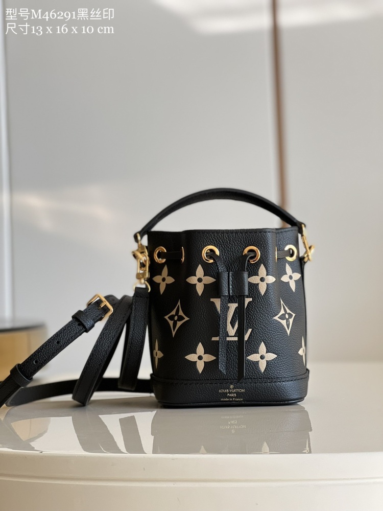 LV M46291 Black Screen Printing: This Nano No é Bucket Handbag features the LV letters and Monogram flowers first printed and then pressed onto the leather, creating a striking visual effect that confuses the eye