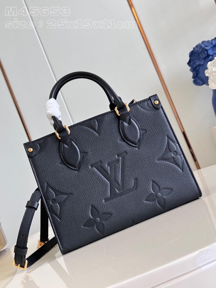 LV M45653 Black Embossed Onthego Small Tote Bag with Monogram Empreinte Leather Embossed Giant Bicolor Monogram Pattern for Micro Version Achievement
