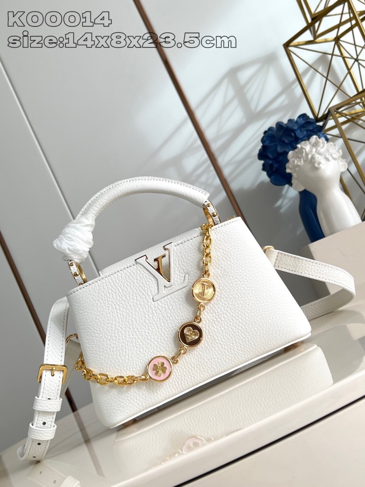 LV K00014 continues the classic design in white, choosing the desired leather color scheme with double plated letters and brand elements, lucky symbols, and exquisite metal pieces