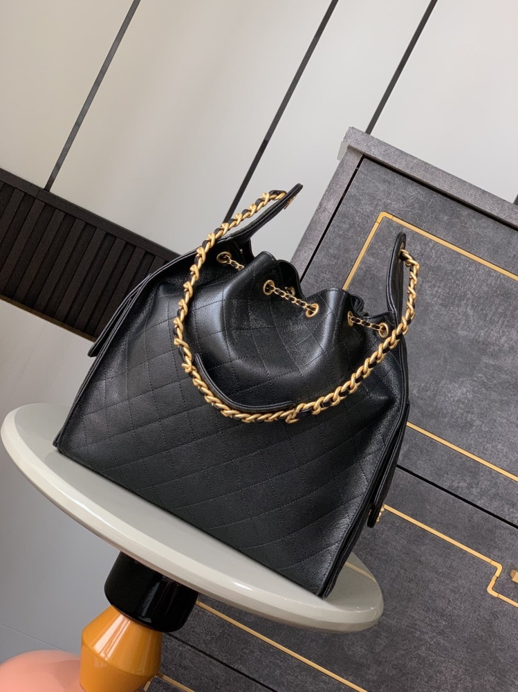 Chanel Ball Pattern Large OHANEL Caviar 25s Hobo Bag Drawstring Bucket Bag Black Gold Caviar Large