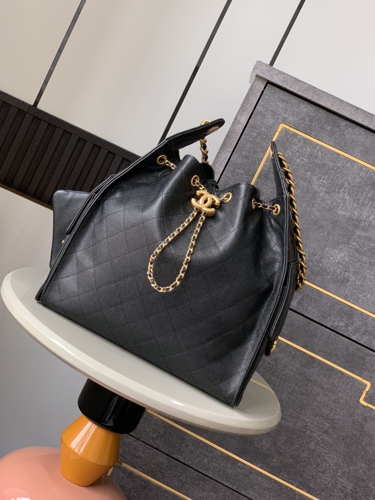 Chanel Ball Pattern Large OHANEL Caviar 25s Hobo Bag Drawstring Bucket Bag Black Gold Caviar Large