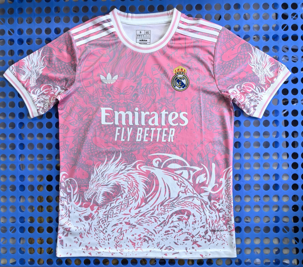 (S-3XL) 1:1 Copy Top Quality 2025/2026 Real Madrid Pink White Dragon T - shirt