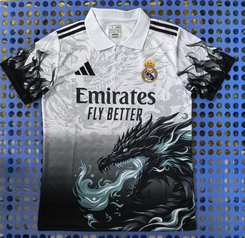 (S-3XL) 1:1 Copy Top Quality 2025/2026 Real Madrid Spray Dragon White POLO