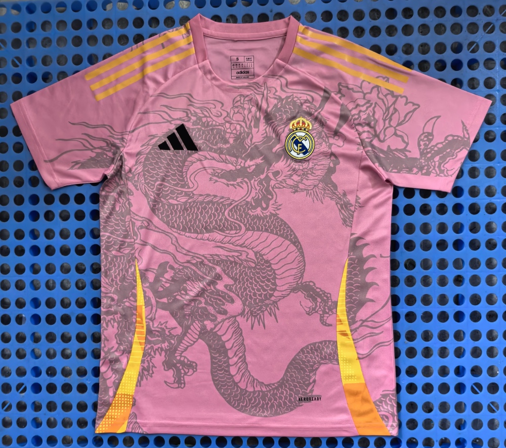 (S-3XL) 1:1 Copy Top Quality 2025/2026 Real Madrid Pink Dragon Three-Side Yellow Special Edition
