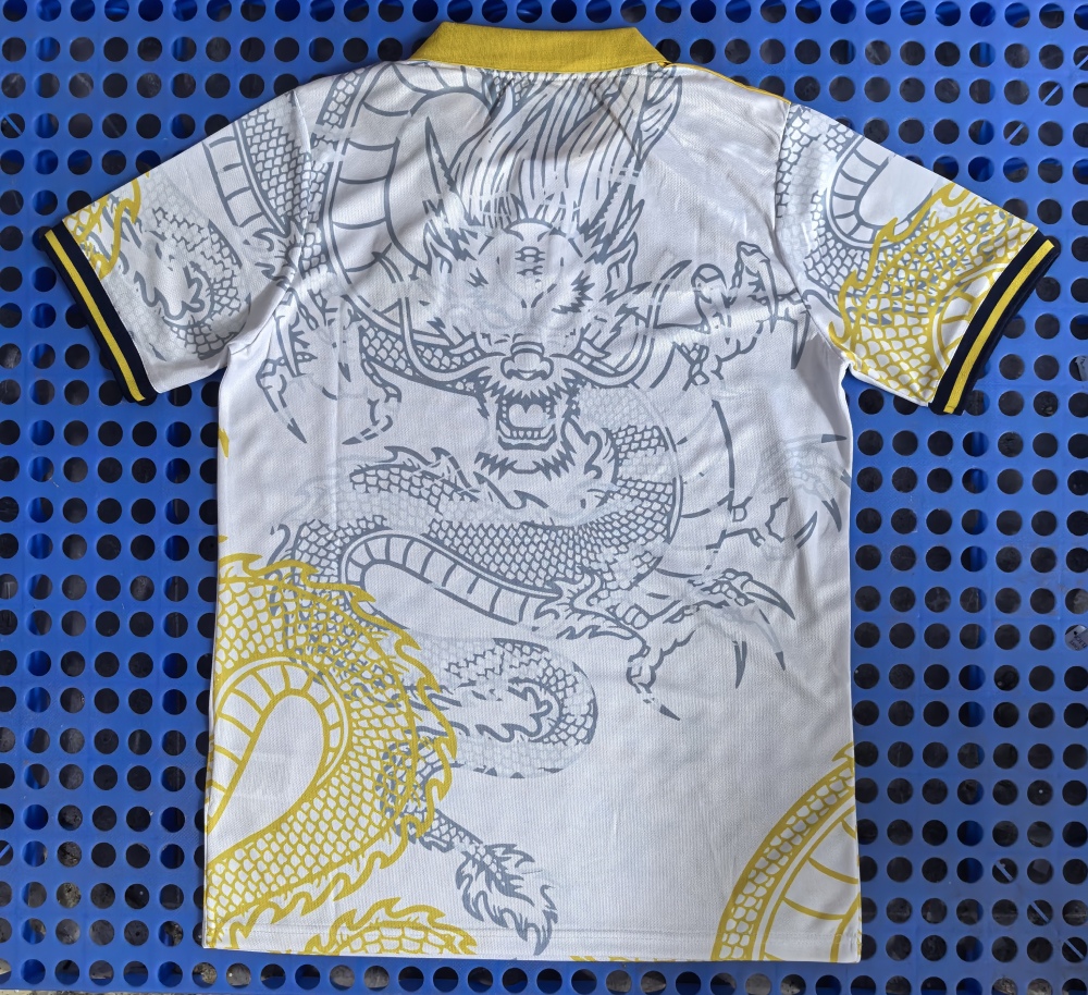 (S-3XL) 1:1 Copy Top Quality 2025/2026 Real Madrid Dragon White Polo with Yellow Collar
