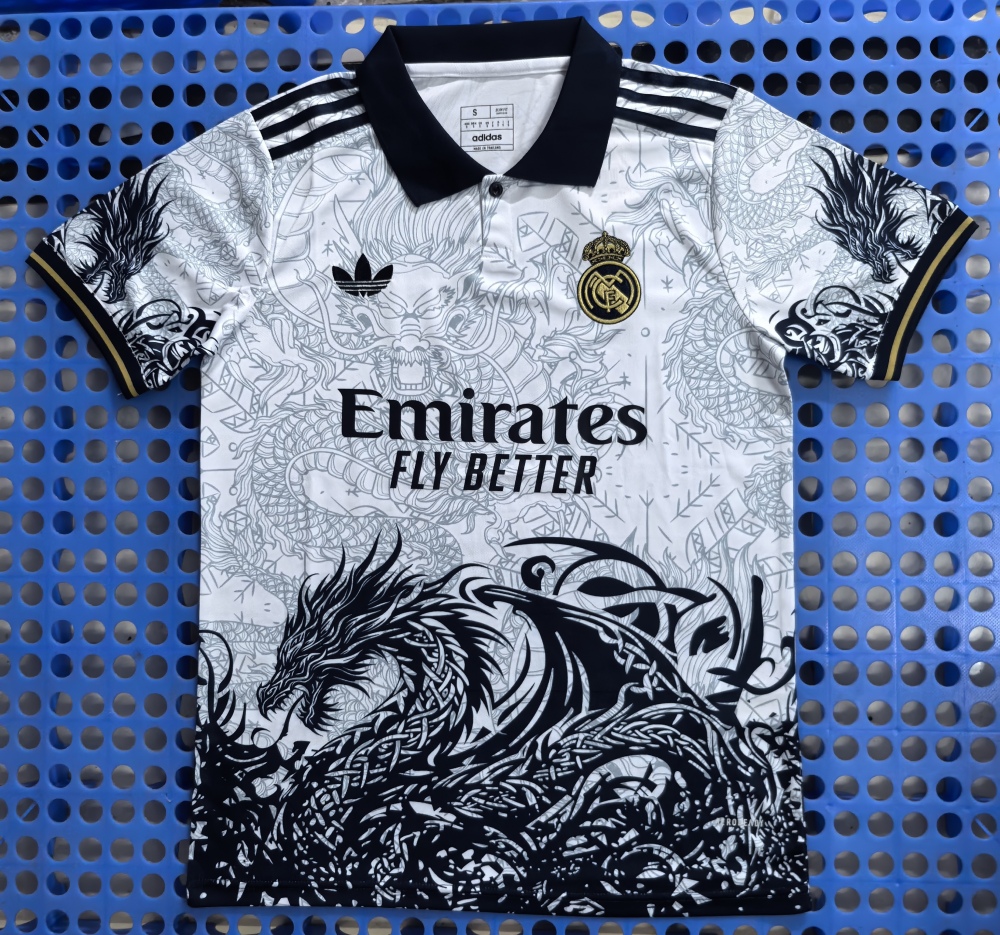 (S-3XL) 1:1 Copy Top Quality 2025/2026 Real Madrid Dragon Spray Edition POLO White