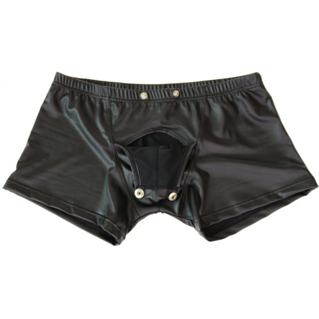 Men Fetish Gay Lingerie Male Sexy Underpants Faux Leather Boxer Shorts PQA411