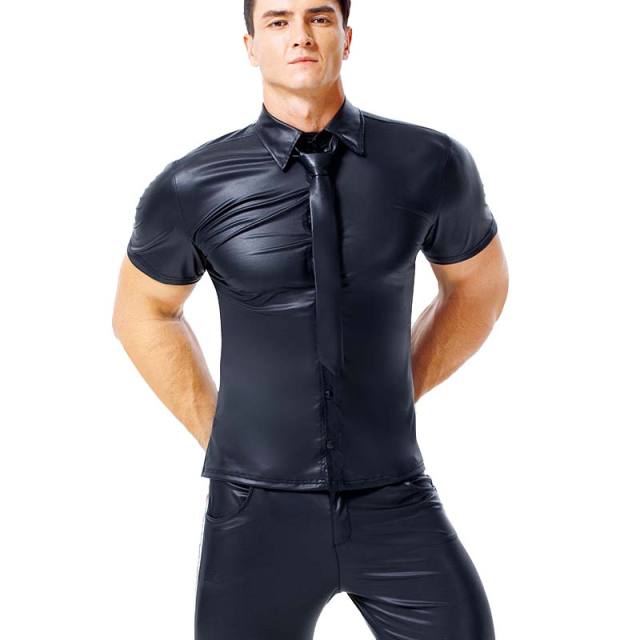 Night Club Male Faux Leather Outerwear PU Short Sleeve Shirts PQX6009