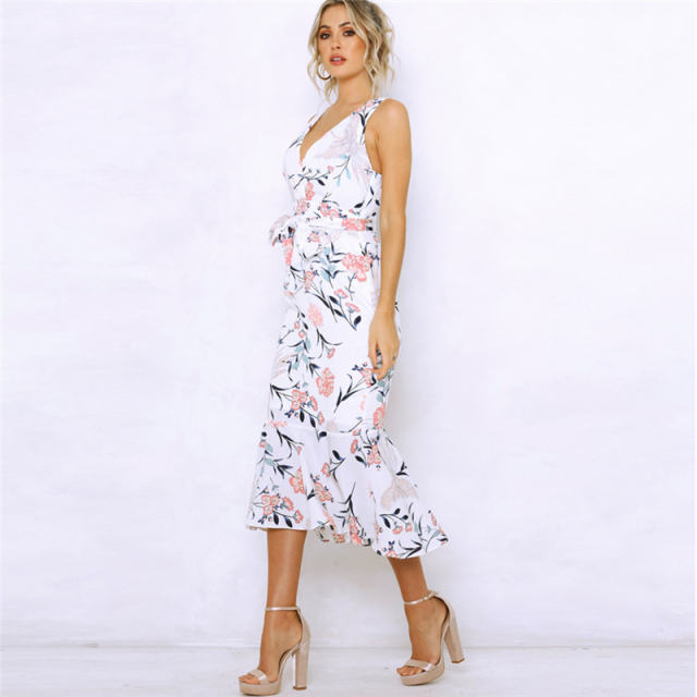 Floral Printed Midi Dress Spaghetti Strap Spring Beach Break Clothes PQ22021A