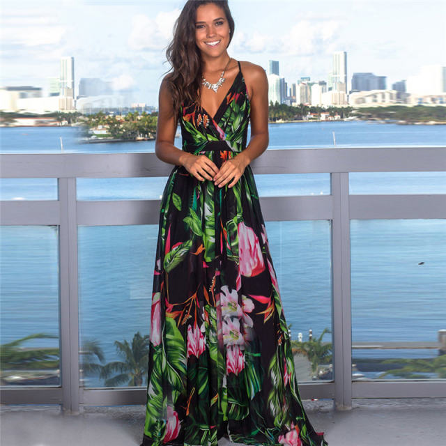 V-Neck Fashion Bohemian Dresses Summer Spaghetti Strap Maxi Dress PQ22020E