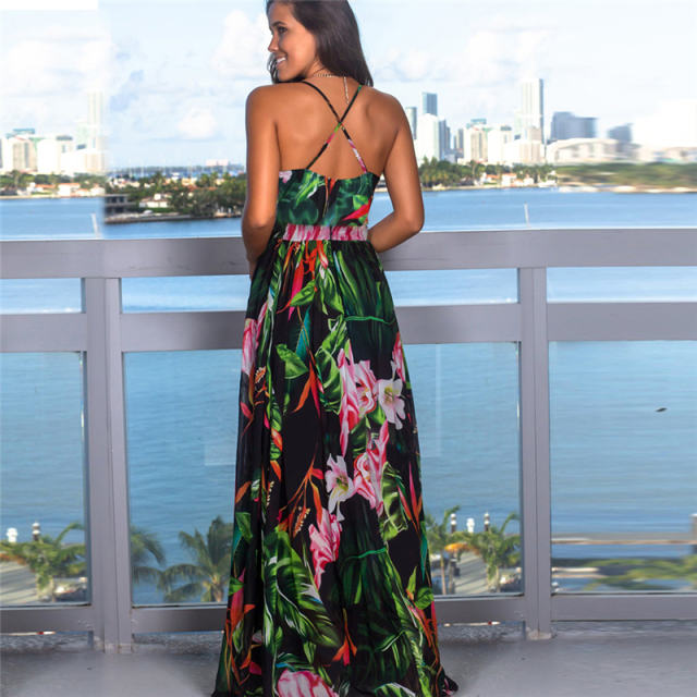V-Neck Fashion Bohemian Dresses Summer Spaghetti Strap Maxi Dress PQ22020E